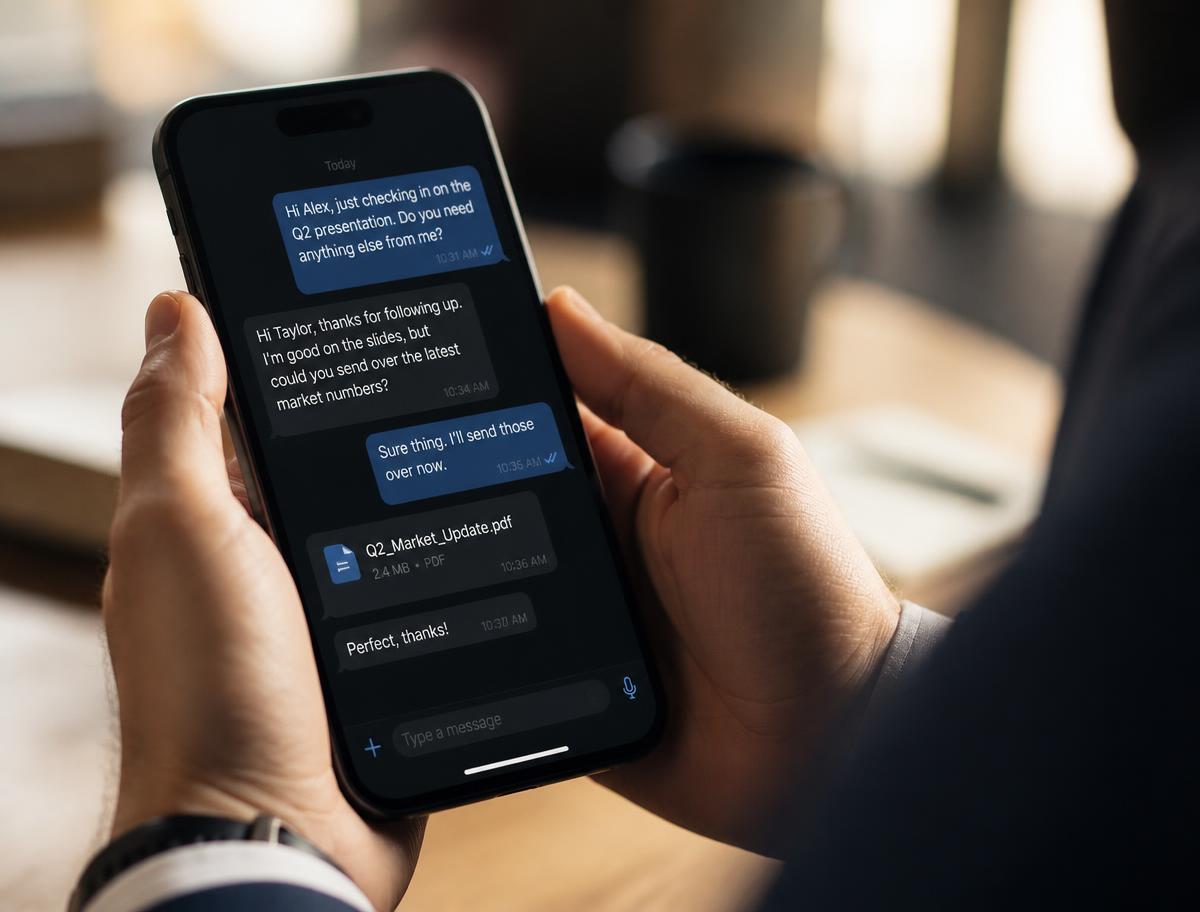 Customer holding a phone during a business messaging conversation